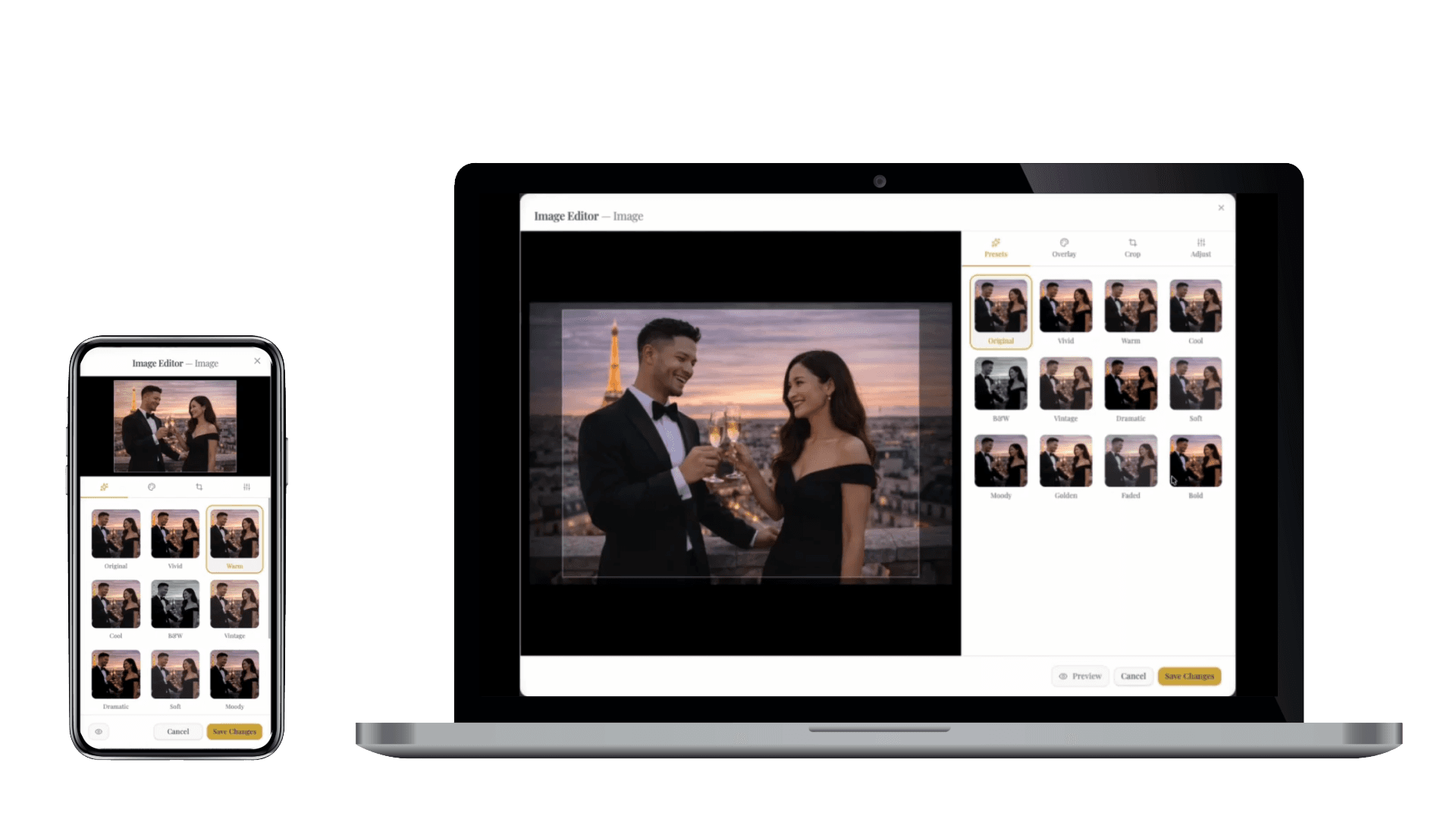 DDay built-in image editor showing crop, adjust, and enhance tools